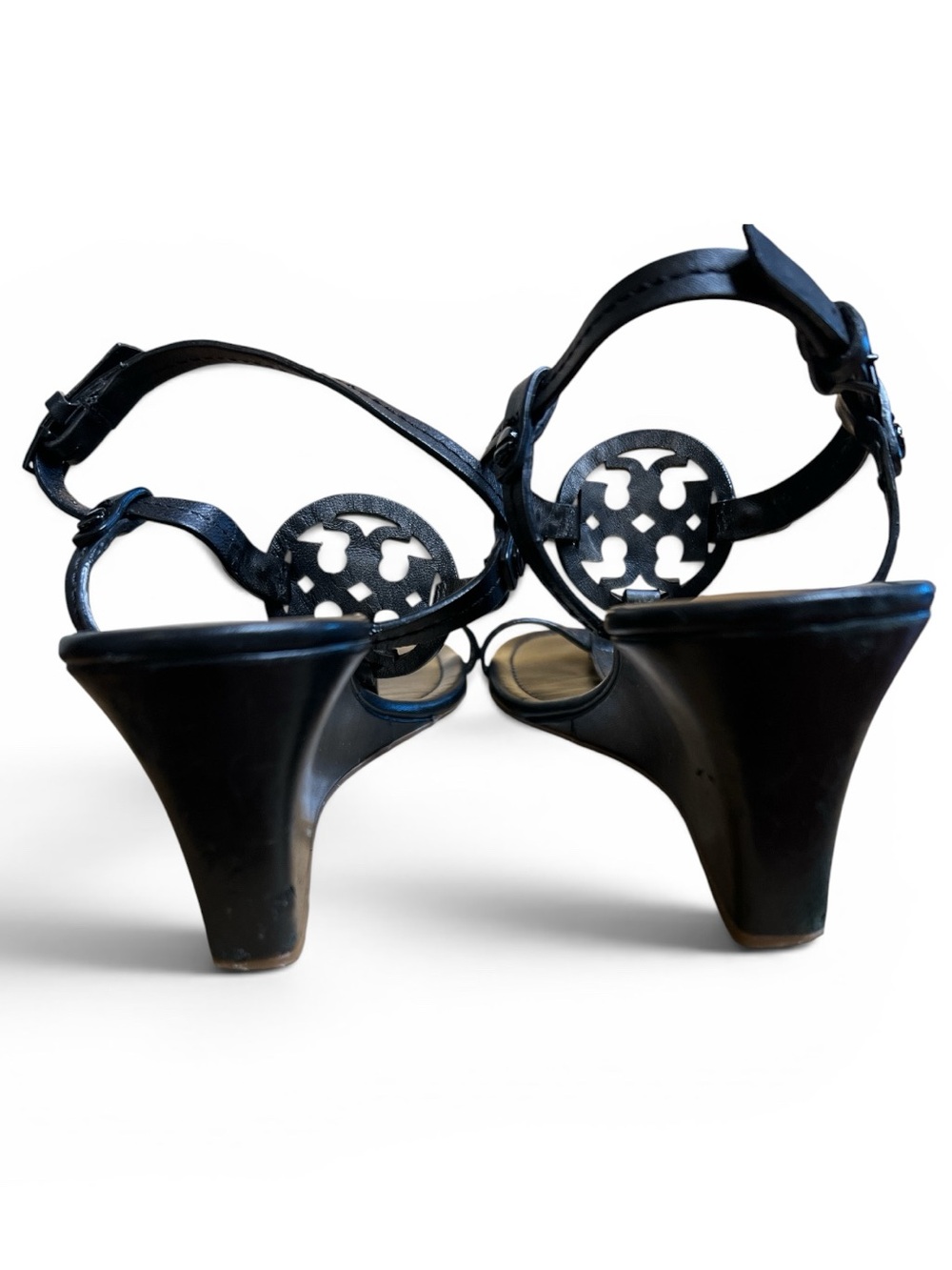 Tory Burch Black Leather Logo T-Strap Wedge Sandals - Picture 4 of 6